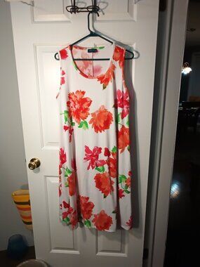 Scarlett White Midi Dress with Red-Orange Floral Print